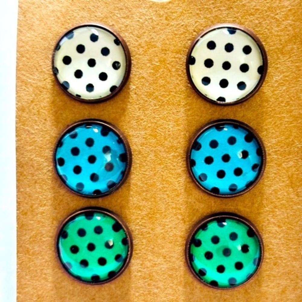 3 Pairs of 12mm Glass Cabochon Polka Dot Stud Earrings, NWT, Handmade, Unworn